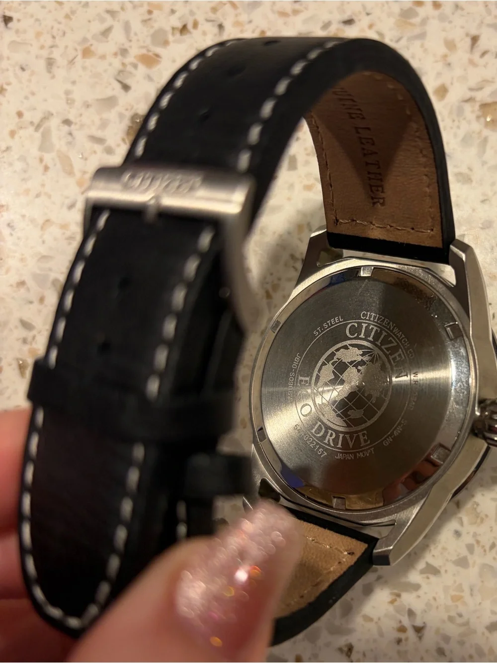Citizen Men's Black Dial Watch with Red Accents and Black Leather Strap
